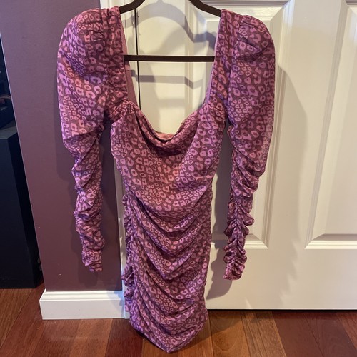 Oh Polly Purple Leopard Print Square Neck Mesh Ruched Bodycon Mini Dress US 6 - Picture 4 of 10