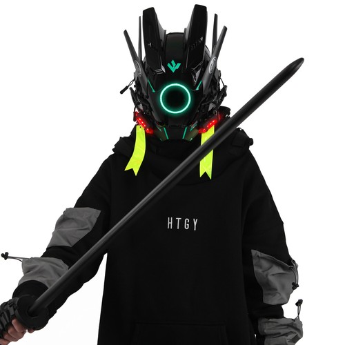 Futuristische Cybermaske mit LED-Leuchten für Cosplay und Techwear Mode - Bild 44 von 80