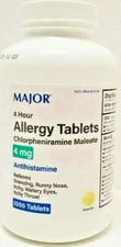 Major Chlorpheniramine 4mg Allergy Tablets 1000ct -Expiration Date 09-2027