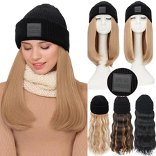 Beanie Wigs Hair With Knitted Hat Straight & Wave Hair Cap Wigs Wavy Long Hair