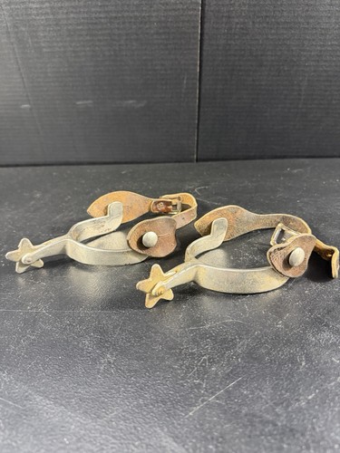 Vintage Star Rowel Spurs Leather Straps Western Cowboy Ranch Patina Pair