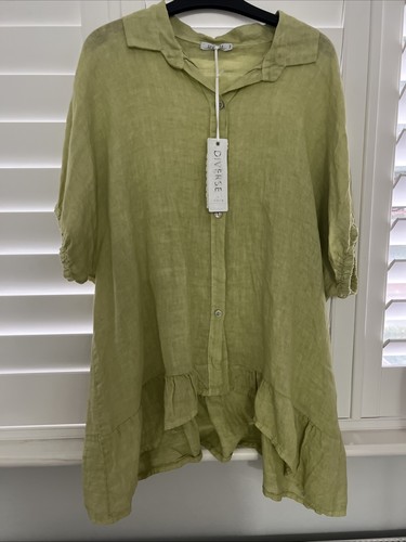 Linen Blouse Pistachio Green Shirt Made Italy Large Fits 14 16 18 Diverse New - Picture 3 of 7