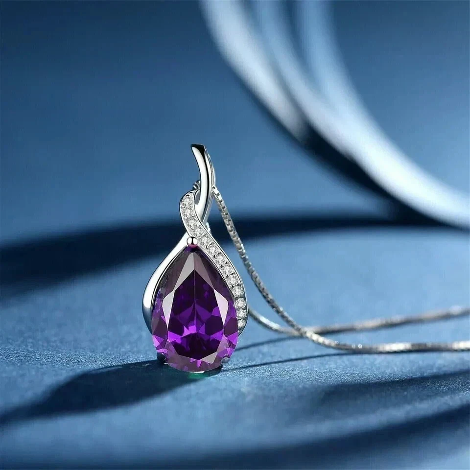 2CT Pear Cut Lab Created Amethyst Diamond Women Pendant 14K White Gold Plated - Image 2 of 4