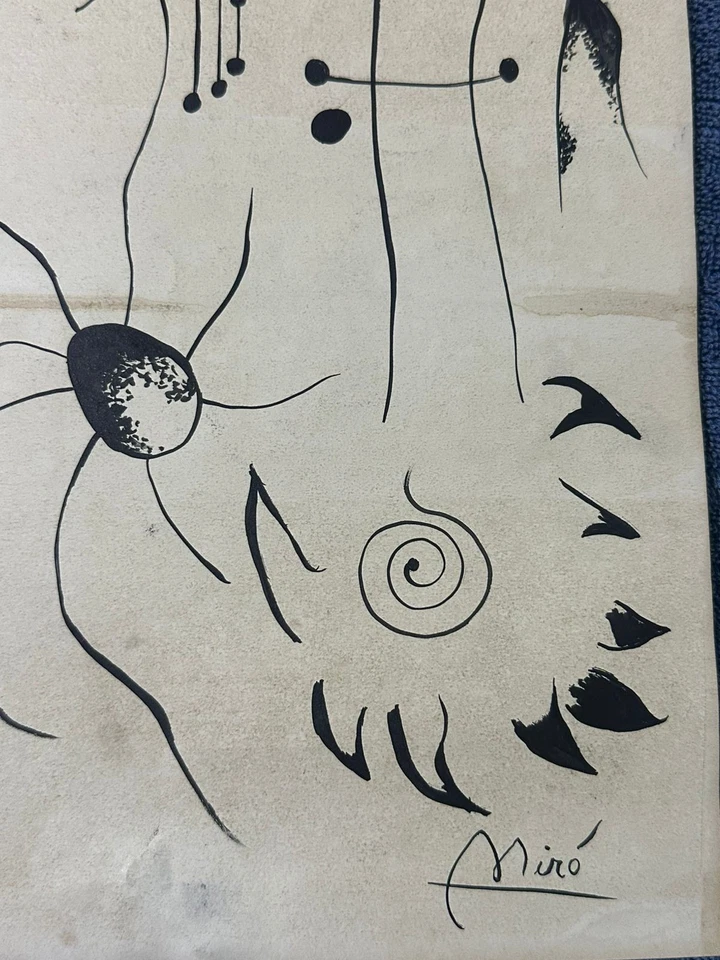 desenho e pintura de joan miro em papel antigo assinado carimbado vintage - Imagem 3 de 3