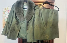 VTG Rafael Freeman for Teri Jon Brocade Jacket Skirt Suit Fur Collar Olive SZ 4