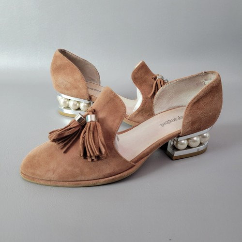 Jeffrey Campbell Size 8 Civil Pearl Tassel Loafer Brown Suede Cutout Shoe Heel