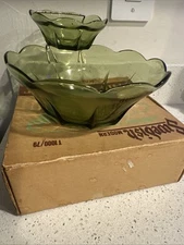 Vintage Anchor Hocking Swedish Modern Chip & Dip Set Avocado Green Original Box