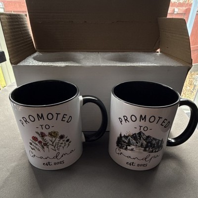 Promoted to Grandma & Grandpa est. 2025 Ceramic Mug Set Black White Two-Piece