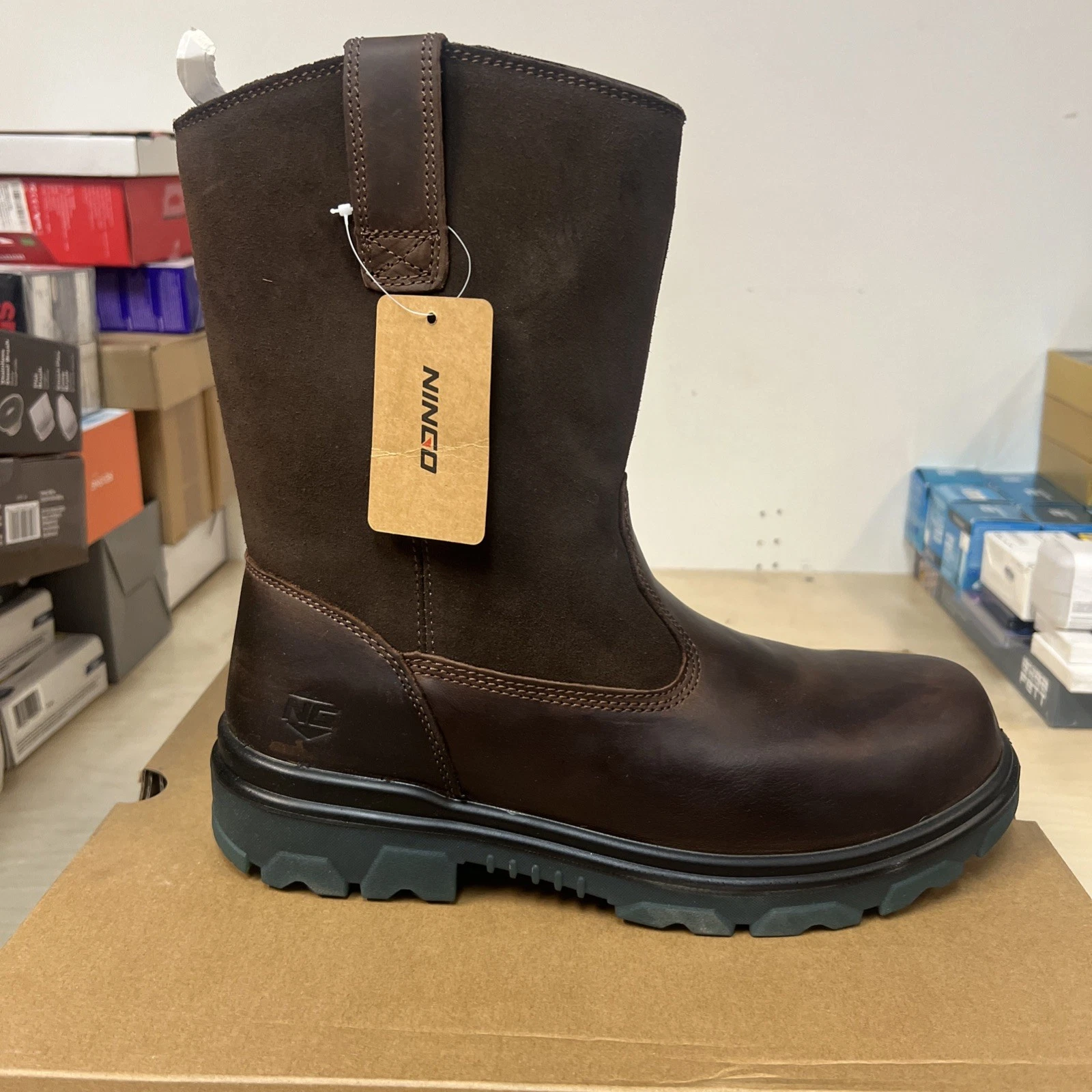 NINGO Men Wellington Work Boots Steel Toe 12 Waterproof Grain Leather Cowboy NWT