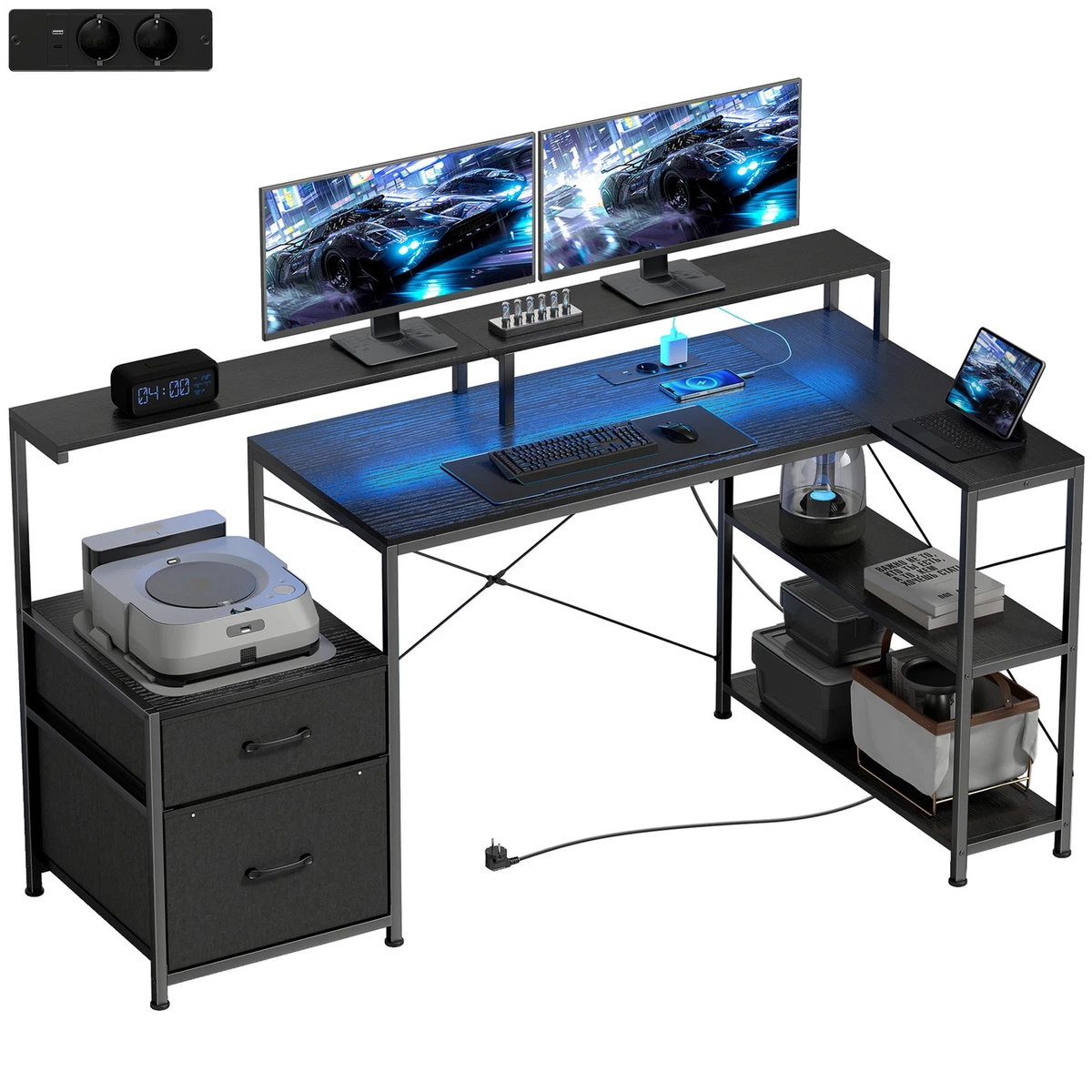 Scrivania Gaming EKNKOZY Con 3 Cassetti, Luci LED E Doppio Supporto Monitor - 146 Cm, Per Casa E Ufficio - 4