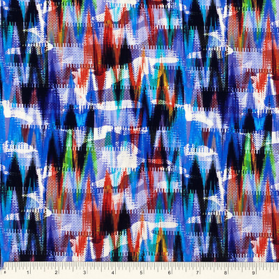 Blue Chevron Zigzag Abstract Fabric, Multicolor Brushstroke Print, 58'' Rayon
