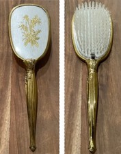 1950s Vintage Cast Metal Silver Floral Gold Motif Back Pleated Handle Hairbrush