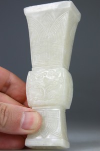 ANTIQUE RARE CHINESE JADE GU VASE WHITE CARVED ZITAN STAND - Qing 18TH 19TH