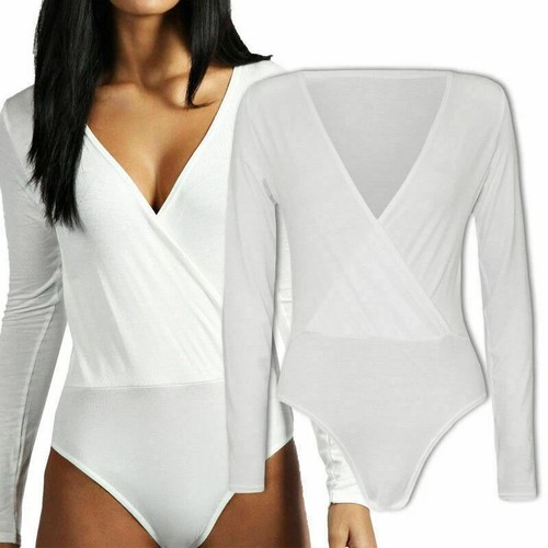 Ladies Womens Long Sleeve Wrap Over Bodysuit Plunge V Neck Leotard Plain Stretch - Picture 4 of 4