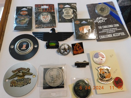 Harley davidson Pins tank covers challengf coins and more.