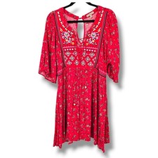 Wonderly Floral Embroidered Peasant Dress Flare Sleeve Bohemian Mini Red Size S