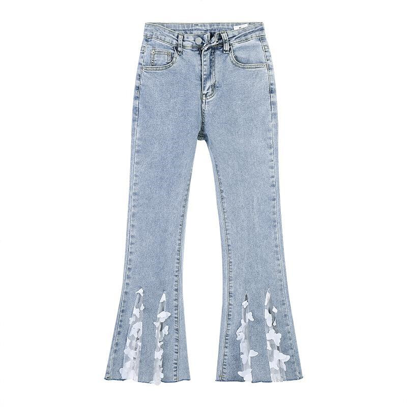 Ladies Floral Mesh Bell Bottoms Lace Denim Jeans Patchwork Flare Bootcut  Pants