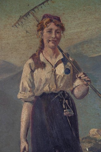 In the Manner of Hans DAHL- Girl with Rake- PAINTING -European Art 19th Century. - Picture 4 of 5