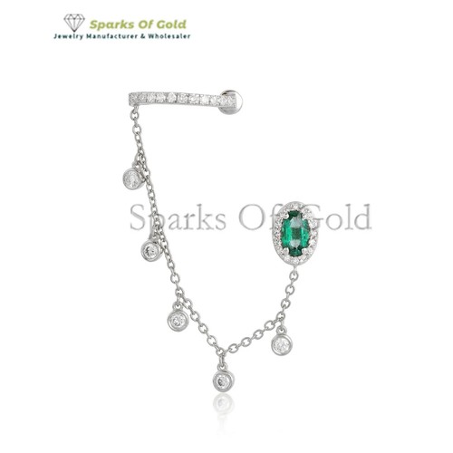 Natural Diamond & Oval Emerald Connecting Ear Cuff 14k Solid Gold Fine Jewelry - Picture 3 of 3
