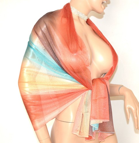 Stola donna foulard corallo beige verde bronzo scialle sciarpa brillantini UE45 - Foto 3 di 3