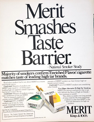 PRINT AD Merit Cigarettes 1979 10x13 Kings 100s Smashes Taste Barrier