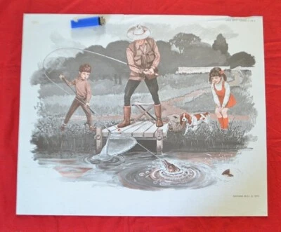 Ancienne affiche scolaire MDI 1970 - Pêche au brochet - Pique Nique sur l'Herbe - Photo 1/2
