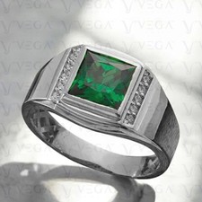4.40Crt Princess Cut Natural Emerald Diamond Men's Ring 18k White Gold Plated