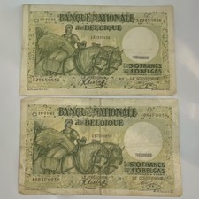 Banque Nationale de Belgique 5 Francs 10 Belgas Belgium 1942 1944 Serial 5294N0…
