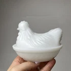 Vintage White Milk Glass Chicken on Nest Trinket Candy Dish 4.5"x3" Hazel Atlas