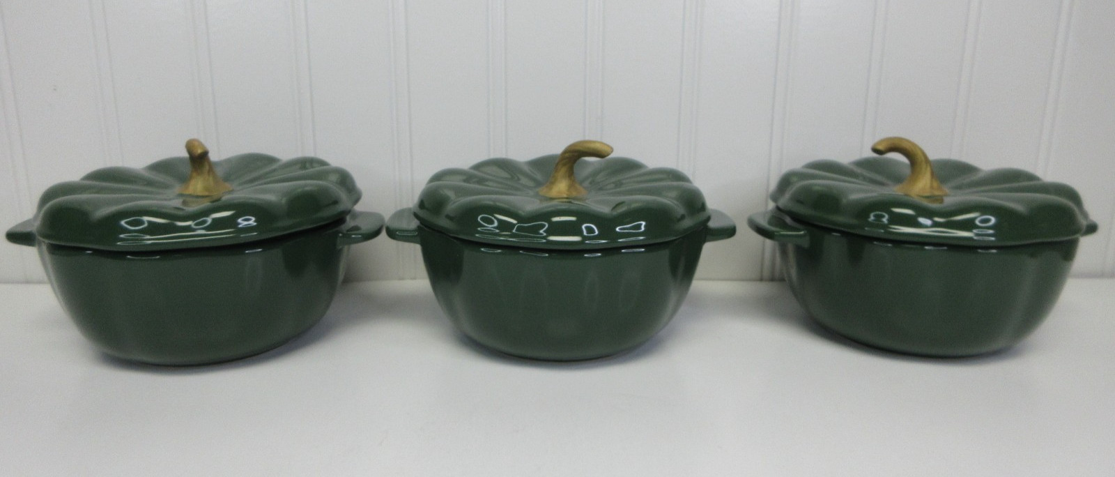 Pioneer Woman Ceramic Pumpkin Mini Dutch Oven Pot Cocottes Lids 3Pcs Green New