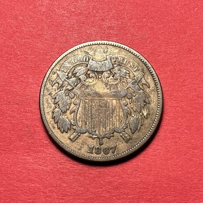 (1) Beautiful Antique 1867 Two Cent Piece CHOICE F-FINE NICE DETAIL