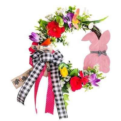 Belupai Ghirlanda Di Pasqua Per Porta - 25 Cm, Coniglietto Con Orecchie Di Peluche, Fiori Rosa E Fiocco