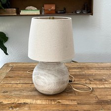 Table Lamp 17 in Round Wooden Base Beige Linen Drum Shade Modern Rustic Decor