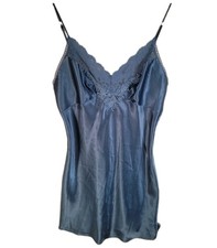 Victoria's Secret Slip Dress Women Medium Blue Satin Lace Trim Chemise Nightgown