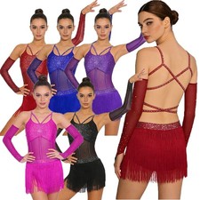 Womens Dance Dress Performance Bodysuit Tiered Tassel Dancwear Tango Leotard