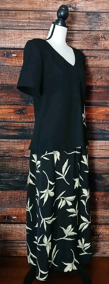 Conjunto Falda Dos Piezas Dressbarn Talla 16 Negro Floral Manga Corta Maxi Vintage Años 90 Foto 4 de 4