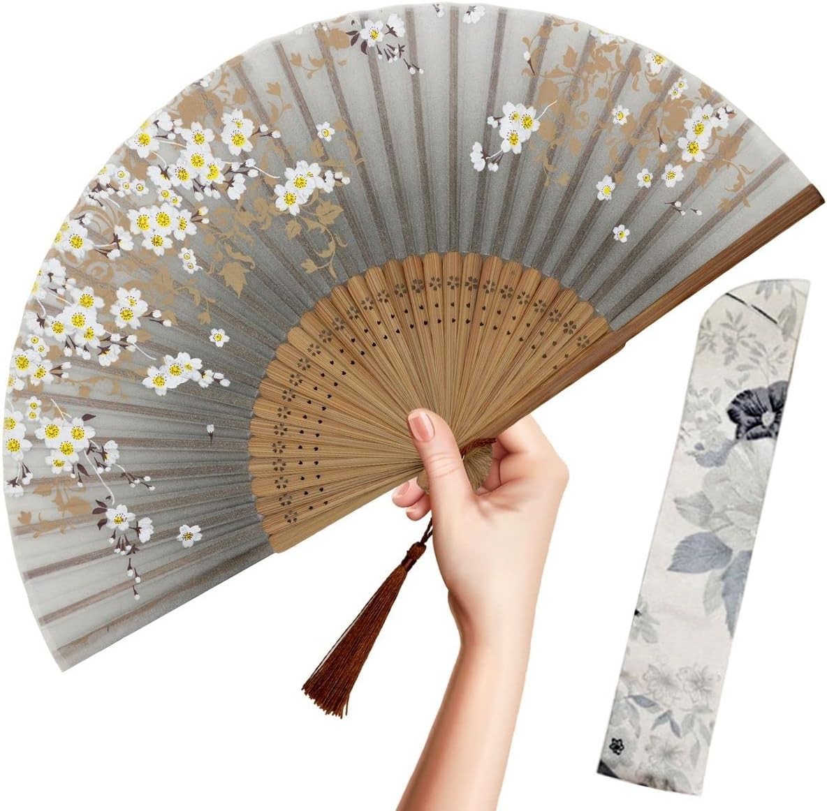Foldable Vintage Silk Hand Fan Gray Sakura