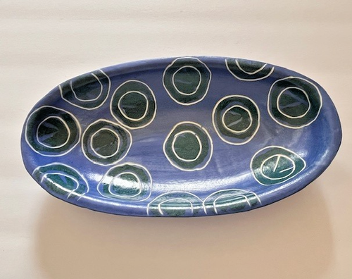 Studio Made Oval Bowl MCM Signed 1993 Blue and Green Incised White Circles