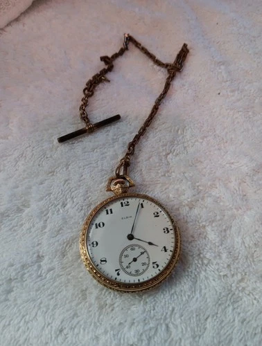 16 SIZE ELGIN  14K GOLD FILLED WORN OPEN FACE CASE Antique With Chain
