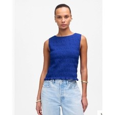 Madewell Top Womens Size M Blue Smocked Boatneck Tank Brilliant Sapphire NV912