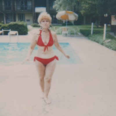 Vintage Polaroid Photo Cute Lady Swimsuit Red Bikini Pool Found Art Snapshot