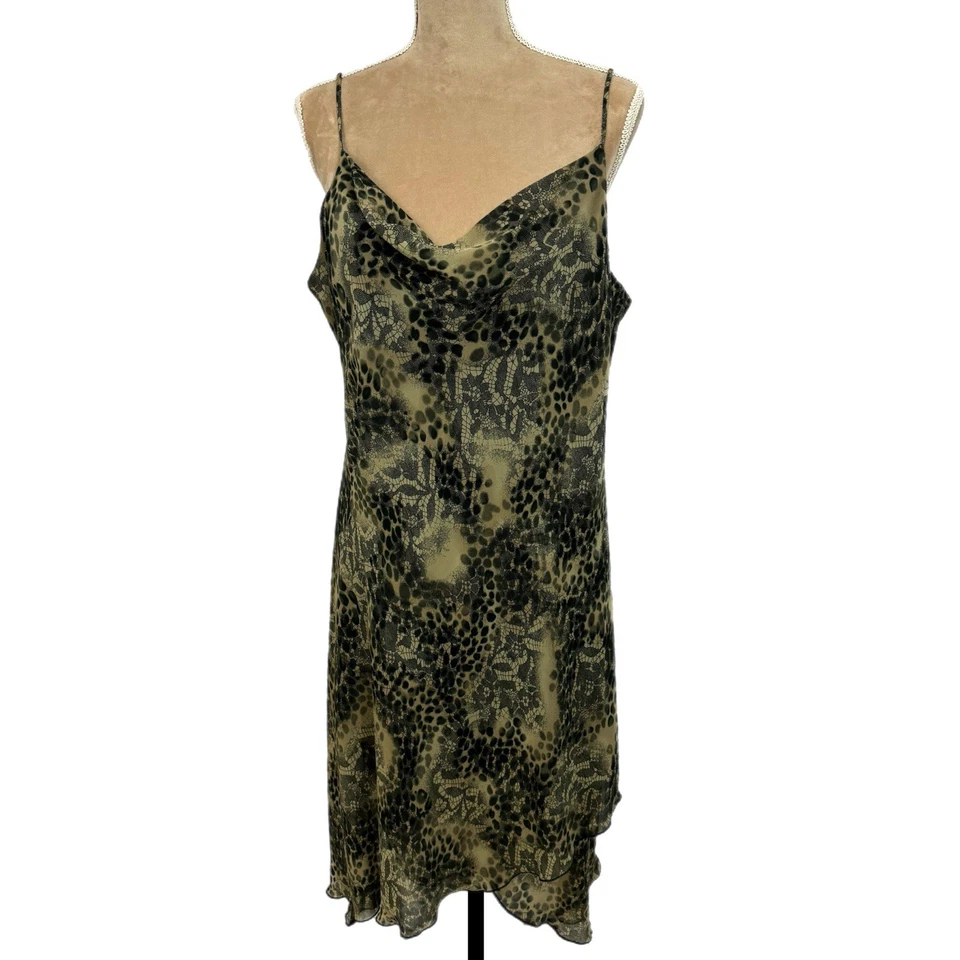 New York & Co 90s Style Midi Dress Abstract Green Spaghetti Strap Chiffon Sz 18 - Image 3 of 4