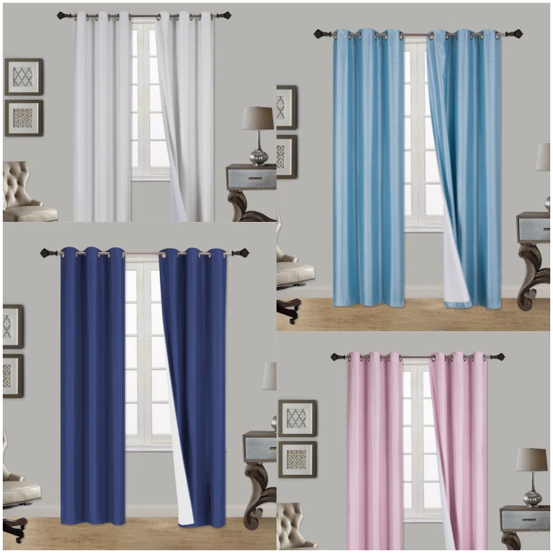 1SET 100% BLACKOUT FAUX SILK WINDOW LINED CURTAIN PANEL DRAPE SILVER GROMMET NOA