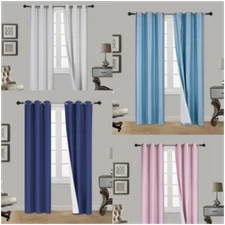 1SET 100% BLACKOUT FAUX SILK WINDOW LINED CURTAIN PANEL DRAPE SILVER GROMMET NOA