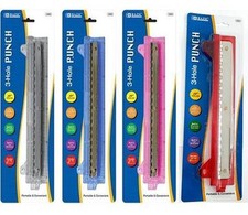 Bazic 3 Hole Paper Punch w/ Ruler School Office Work Assorted Colors NEW 3202