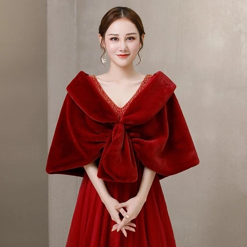 OFF WHITE Cappotto rosso pelliccia sintetica festa scialle inverno caldo sposa matrimonio avvolgente festa mantello