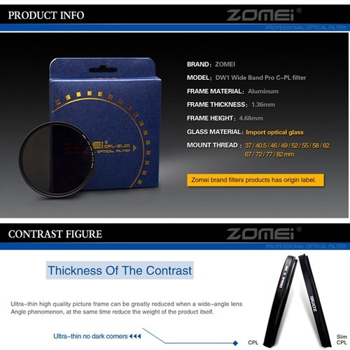 ZOMEI Ultra Slim AGC Optical Glass CPL Circular Polarizing Camera Filter 37-86mm - Picture 6 of 22