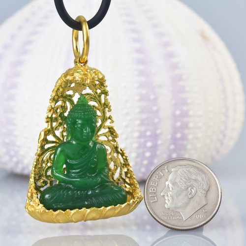 Buddha Bild Gold Vermeil Sterling Bodhi Baum Grün Chalzedon Anhänger 13.04 G - Bild 9 von 9