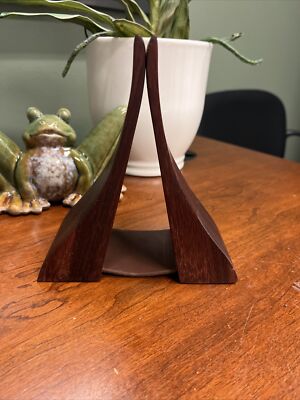 Vintage Deep Spring Studio Bookends Wood/Leather Mid Century Design-6 x6 2.5 
