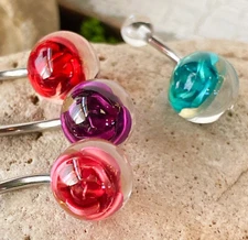 1pc Encased Metal Rose Flower UV Ball Belly Ring Navel Piercing Pierced Naval